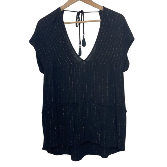 Xhilaration Tops - XHILARATION | Lightweight Black Short Sleeve Blouse Gold Stitch Top | Size S